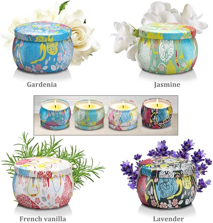 Floral Scented Candle Gift Set – 4 Decorative Tin Candles with Gift Box