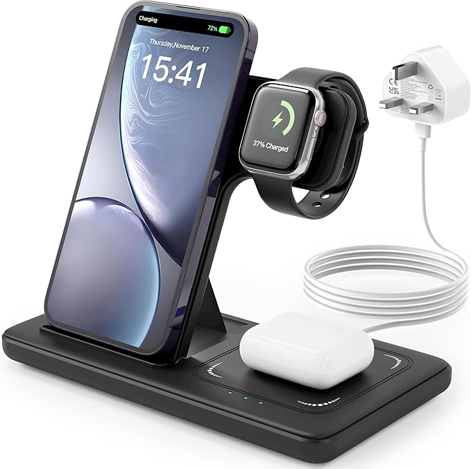 Wireless Charger 3-in-1 Charging Station – 15W Qi Fast Foldable Magnetic Stand Dock with Adapter