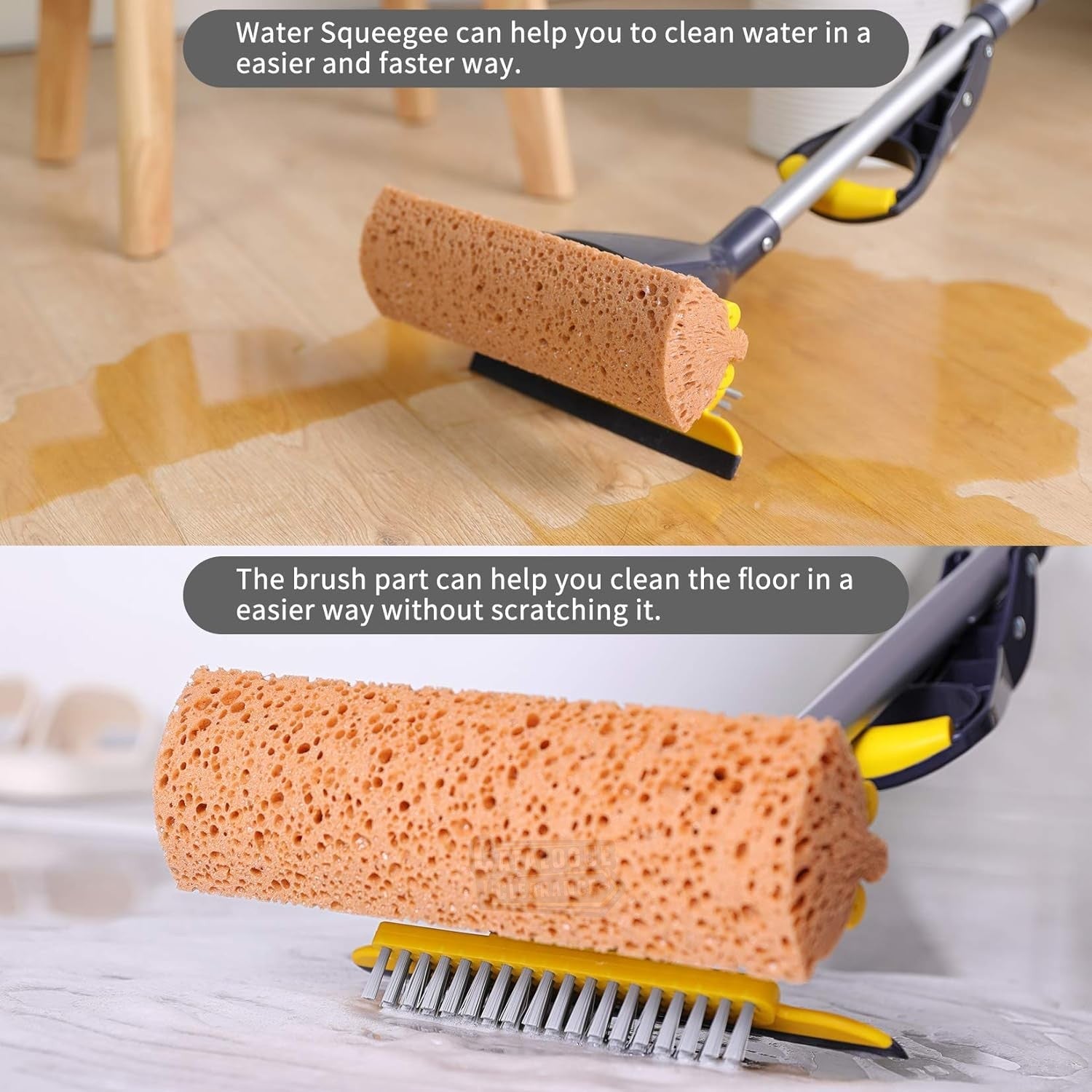 Yocada Commercial Sponge Mop with 2 Heads, Squeegee & Extendable Telescopic Handle – For Tile, Bathroom & Garage Cleaning