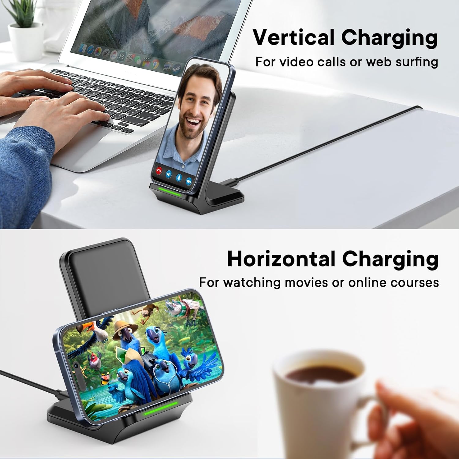 15W Wireless Charging Stand – Fast Qi Wireless Charger Dock for iPhone & Samsung