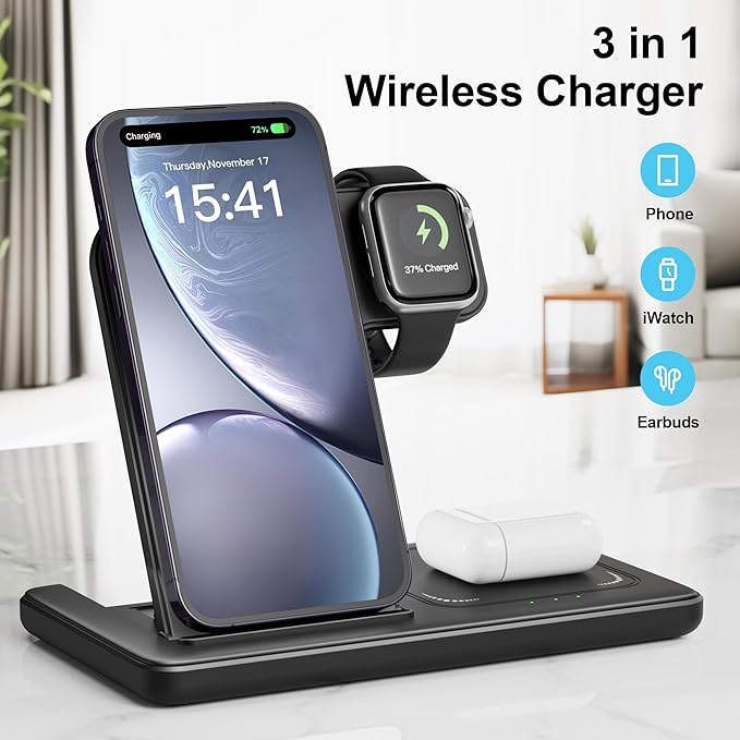 Wireless Charger 3-in-1 Charging Station – 15W Qi Fast Foldable Magnetic Stand Dock with Adapter