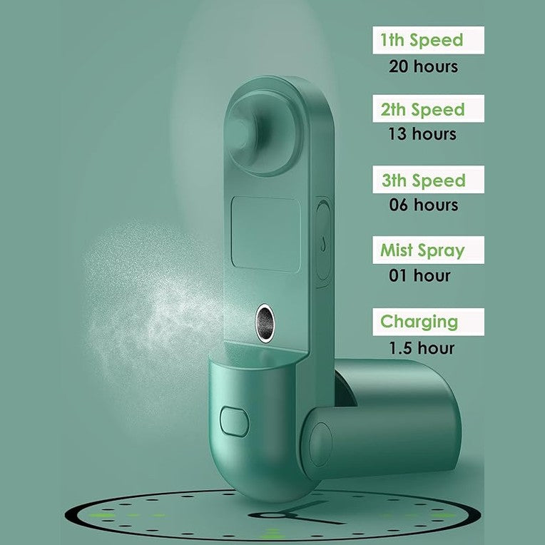 POWERbeast Portable Handheld Misting Fan – USB Rechargeable Mini Fan with 3 Speed Settings Green