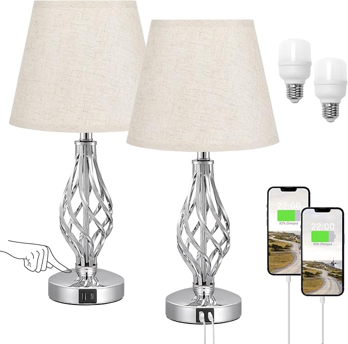 Set of 2 Aooshine Touch Control Table Lamps – 3-Way Dimmable Bedside Lamps with USB-A & USB-C Charging Ports, Beige Linen Shades & Spiral Cage Base – Ideal for Bedroom, Living Room, or Hotel