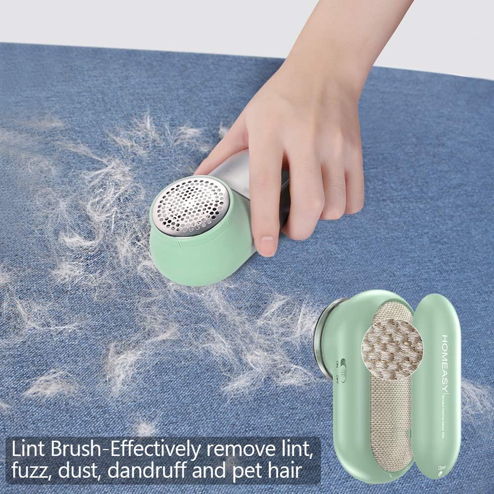 Homeasy 2-in-1 Fabric Shaver Electric Lint Remover & Manual Brush, 3 Stainless-Steel Blades, Green