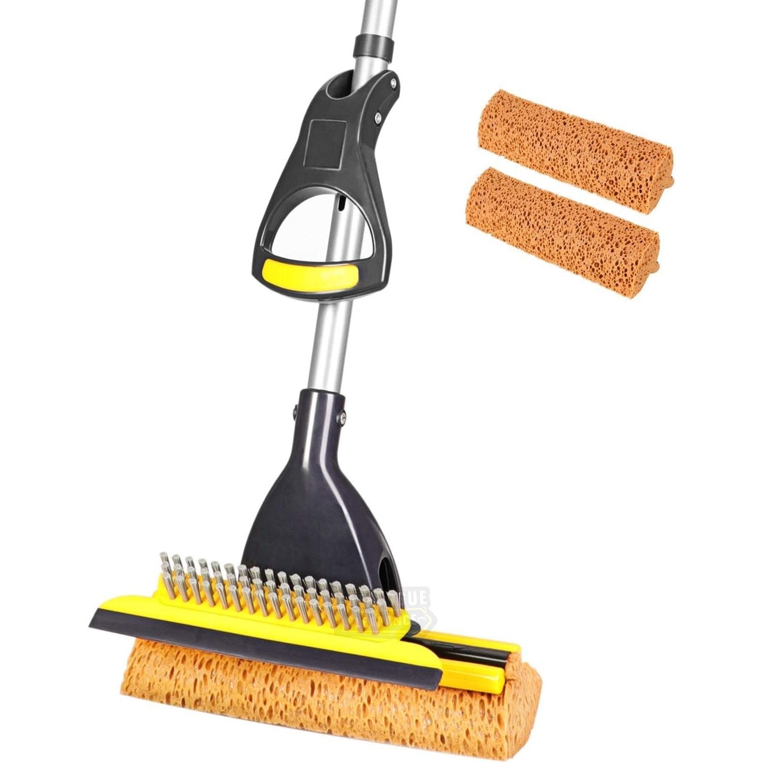 Yocada Commercial Sponge Mop with 2 Heads, Squeegee & Extendable Telescopic Handle β For Tile, Bathroom & Garage Cleaning