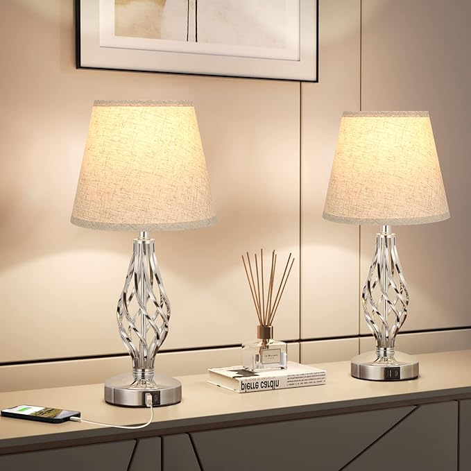 Set of 2 Aooshine Touch Control Table Lamps – 3-Way Dimmable Bedside Lamps with USB-A & USB-C Charging Ports, Beige Linen Shades & Spiral Cage Base – Ideal for Bedroom, Living Room, or Hotel