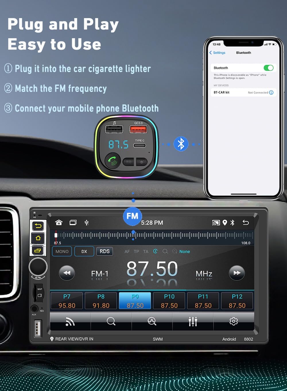 Bluetooth 5.3 FM Transmitter for Car – 20W PD & QC3.0 Fast Charging, Hands-Free Calling, USB & Type-C Car Adapter