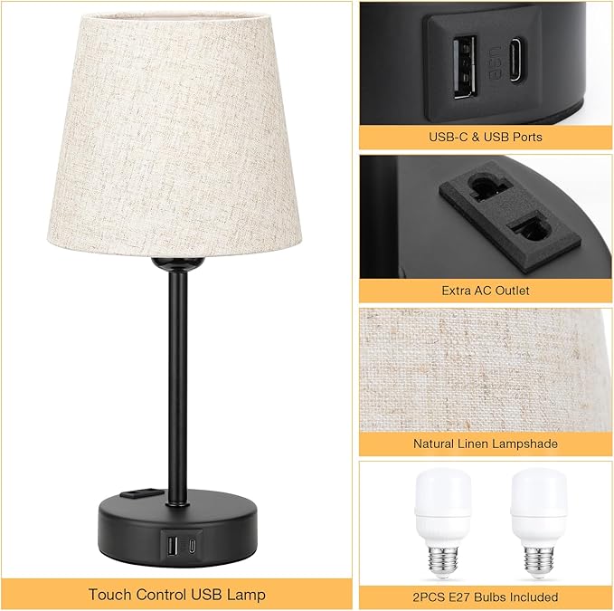Set of 2 Touch Control Bedside Lamps – Dimmable Table Lamps with USB A+C Ports, AC Sockets, 2 LED Bulbs & Linen Shades – Compact Lamps for Bedroom, Living Room, Nursery & Office/Seealle YT0177