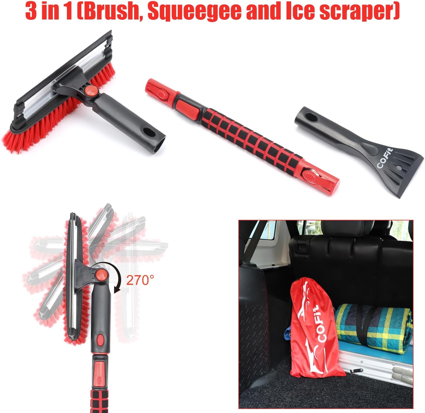 COFIT 3-in-1 Snow Brush, Ice Scraper & Squeegee – Winter Car Cleaning Tool