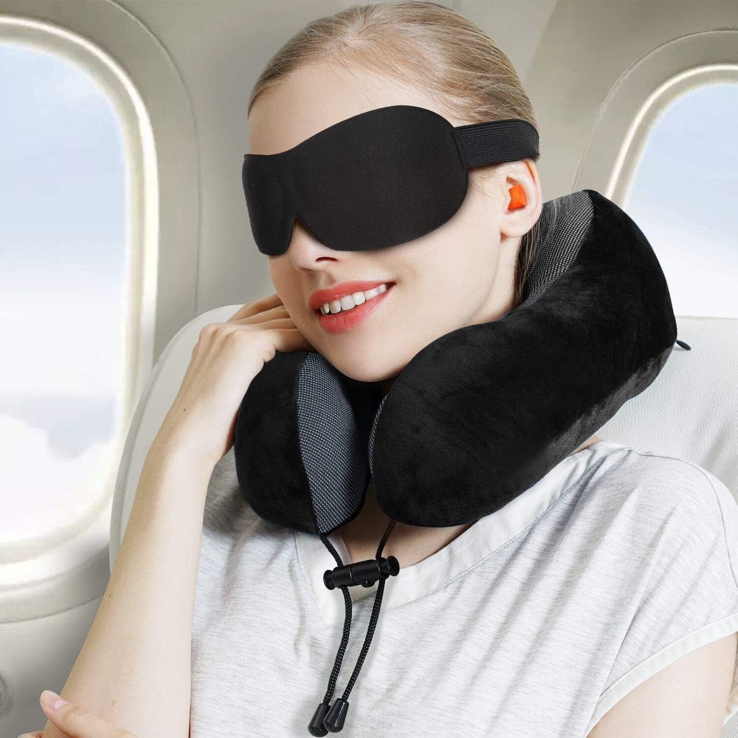GorillaGrip Memory Foam Travel Neck Pillow – Adjustable 360° Support with Washable Cover – Black