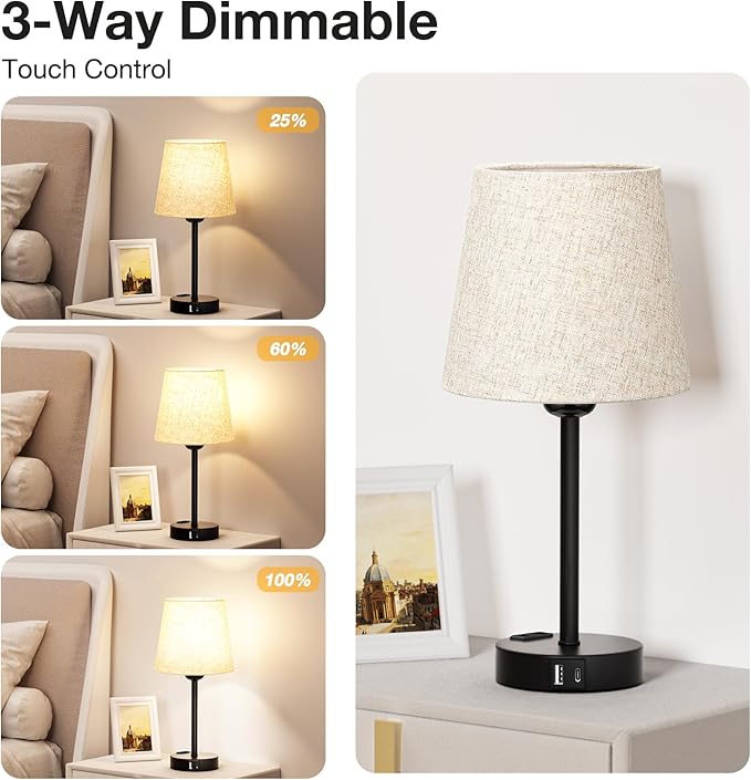 Set of 2 Touch Control Bedside Lamps – Dimmable Table Lamps with USB A+C Ports, AC Sockets, 2 LED Bulbs & Linen Shades – Compact Lamps for Bedroom, Living Room, Nursery & Office/Seealle YT0177
