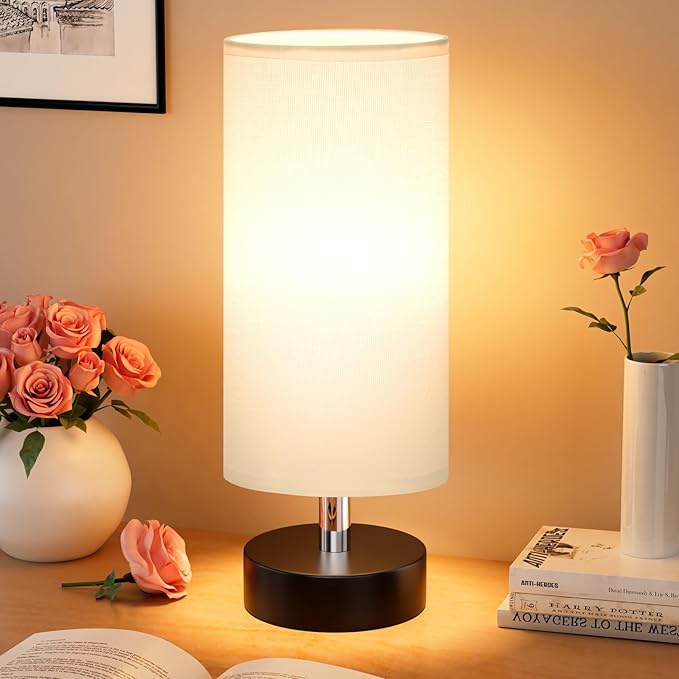 Seealle Small Table Lamp with White Linen Shade – Minimalist Bedside Lamp for Bedroom, Living Room, Office, Dorm, or Kids’ Room E27 X0022lM6l5