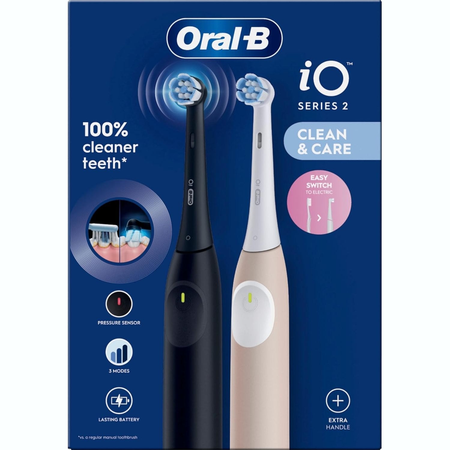 Oral-B iO Series 2 Electric Toothbrush, Duo Pack, Night Black/Calm Pink Extra Handle