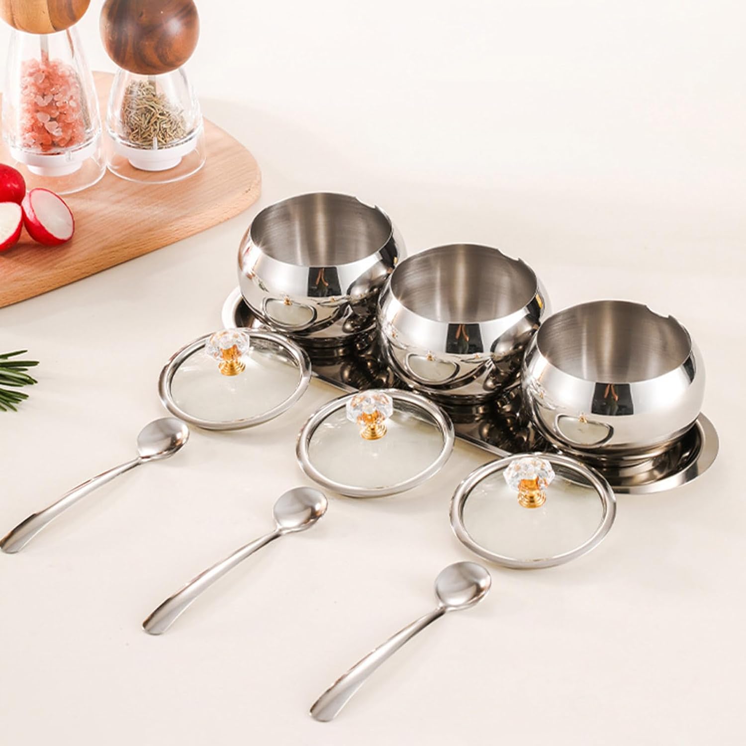 3-Piece Stainless Steel Spice Jar Set with Lid & Spoons – Kitchen Seasoning Container with Tray (Space-Saving Design)