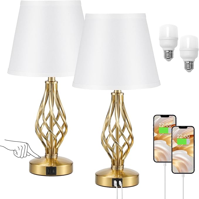 Set of 2 Aooshine Touch Control Table Lamps – 3-Way Dimmable Bedside Lamps with USB-A & USB-C Charging Ports, Beige Linen Shades & Spiral Cage Base – Ideal for Bedroom, Living Room, or Hotel