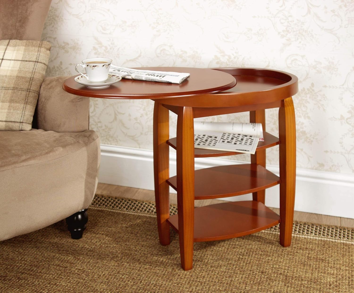 Swivel Top Side Table with Storage – Oak Effect Finish – 360° Rotating Table with Shelves -4428