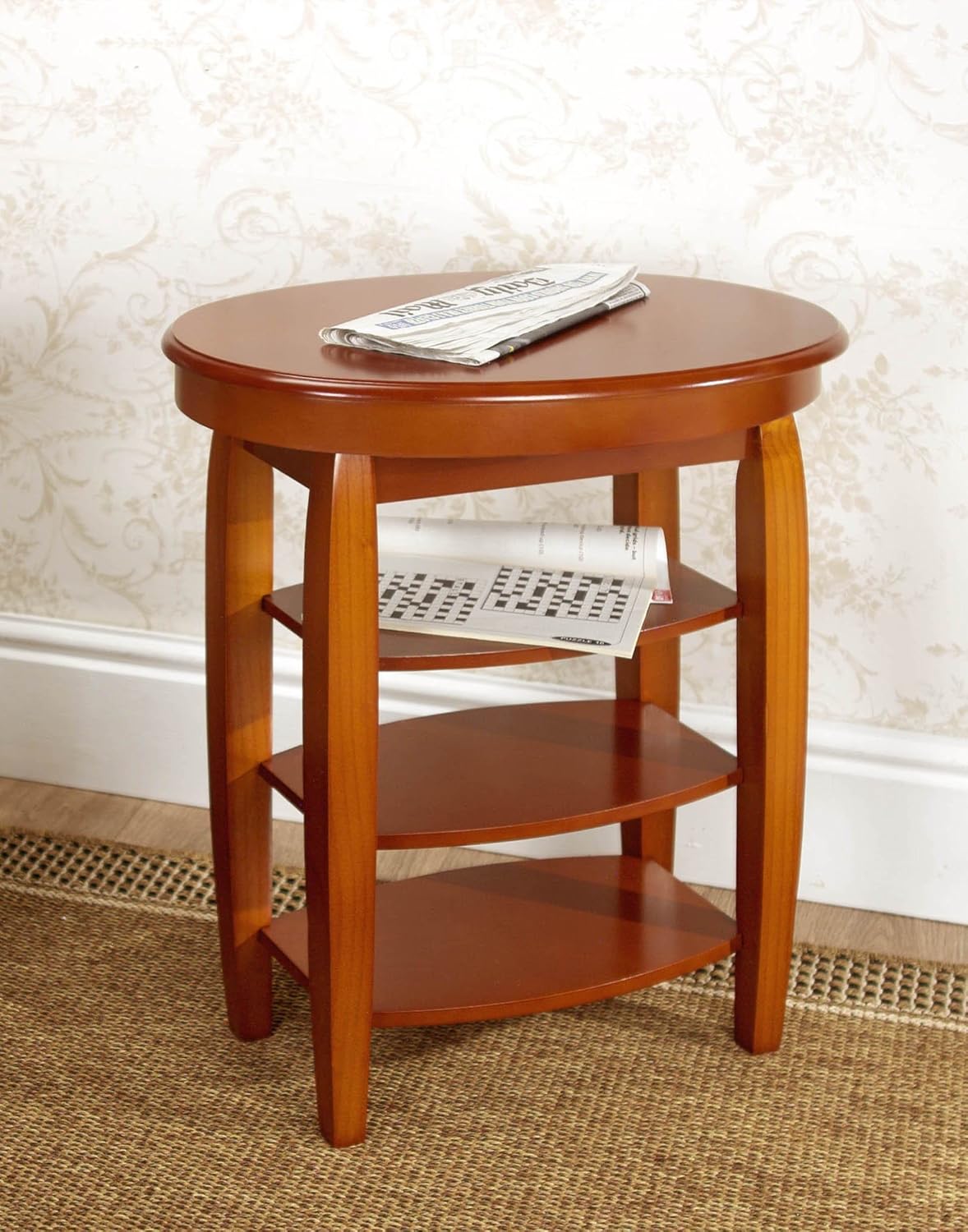 Swivel Top Side Table with Storage – Oak Effect Finish – 360° Rotating Table with Shelves -4428