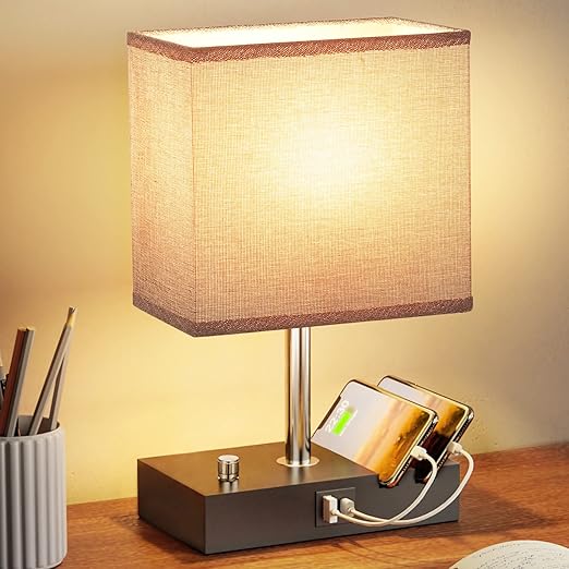 Seealle Fully Dimmable Bedside Table Lamp – Small Lamp with USB A & C Charging Ports, Gray Fabric Shade, Phone Stand, and LED Bulb Included for Bedroom, Living Room, or Office/TL23SAL6Y