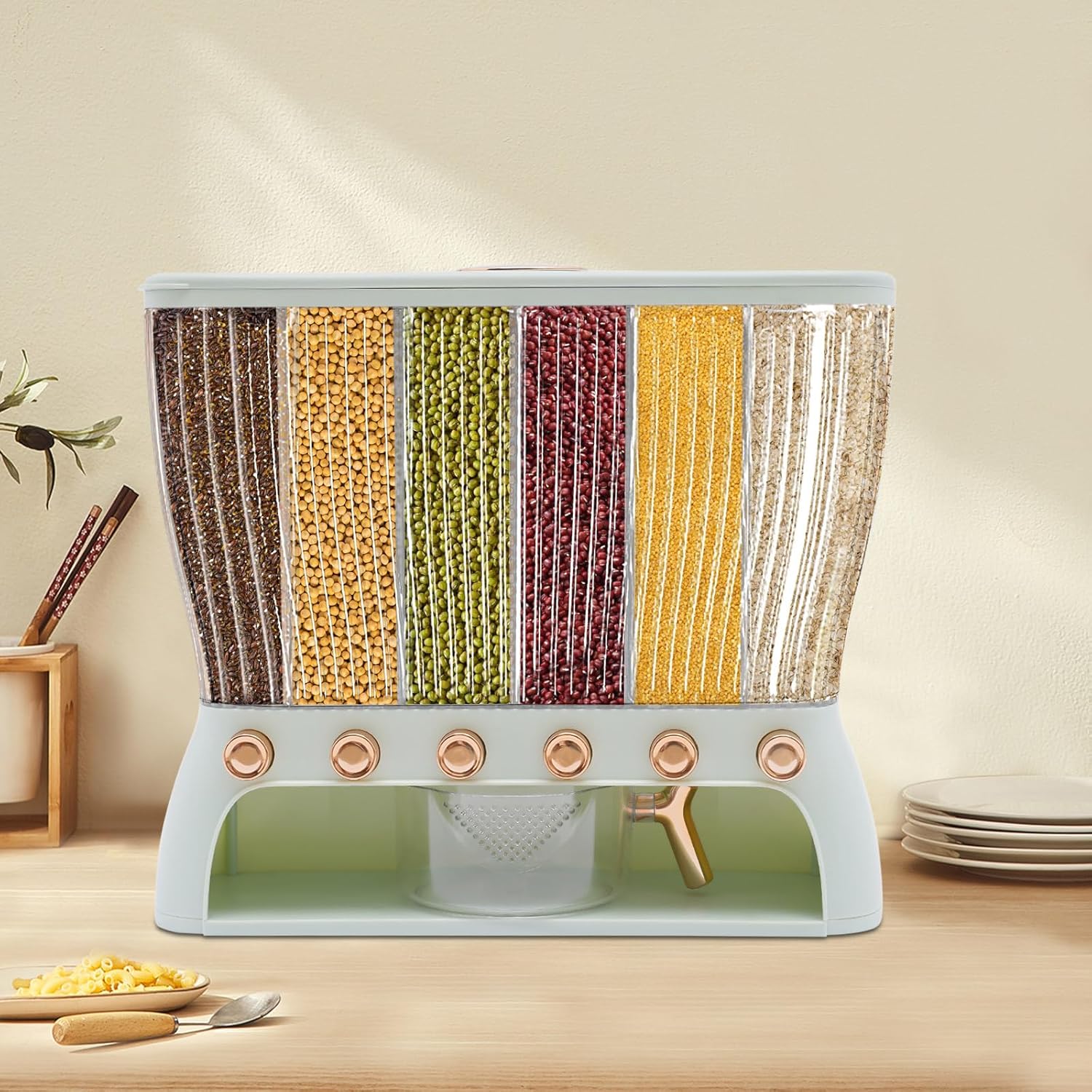 10kg Multi-Grain Rice Storage Dispenser – 6 Grid Dry Food Storage Container with Measuring Cup | Rice, Beans, Cereals & Pet Food Storage