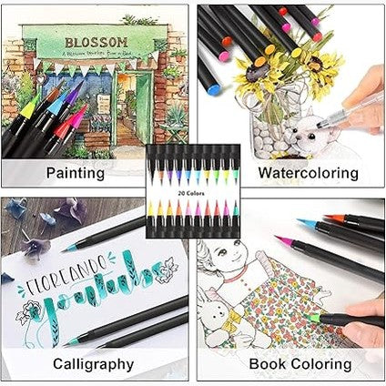 20-Colour Watercolour Brush Pen Set – Soft Flexible Tips for Journals, Art & Calligraphy