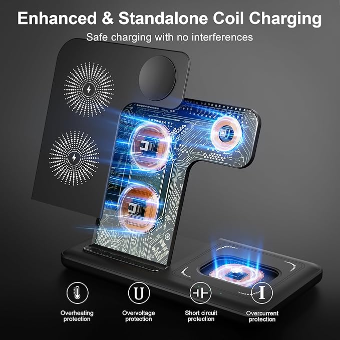 Wireless Charger 3-in-1 Charging Station – 15W Qi Fast Foldable Magnetic Stand Dock with Adapter