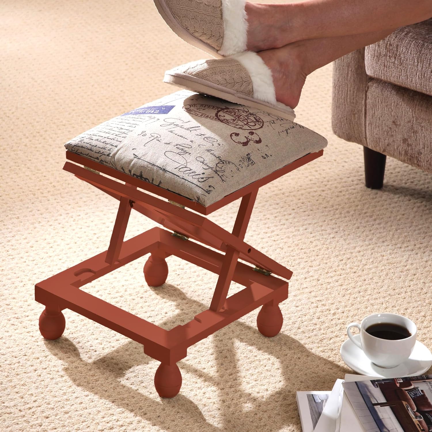 Adjustable 3-Position Footstool – Solid Wood Frame with Padded Top – Traditional Oak Finish - 4494