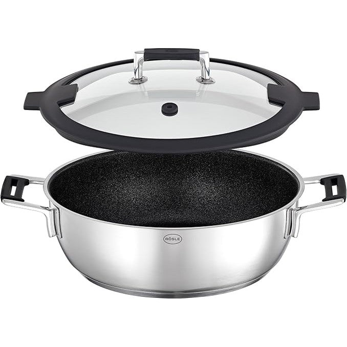 RÖSLE Silence Pro Serving Pan – 28 cm Stainless Steel with ProResist Coating & Lid