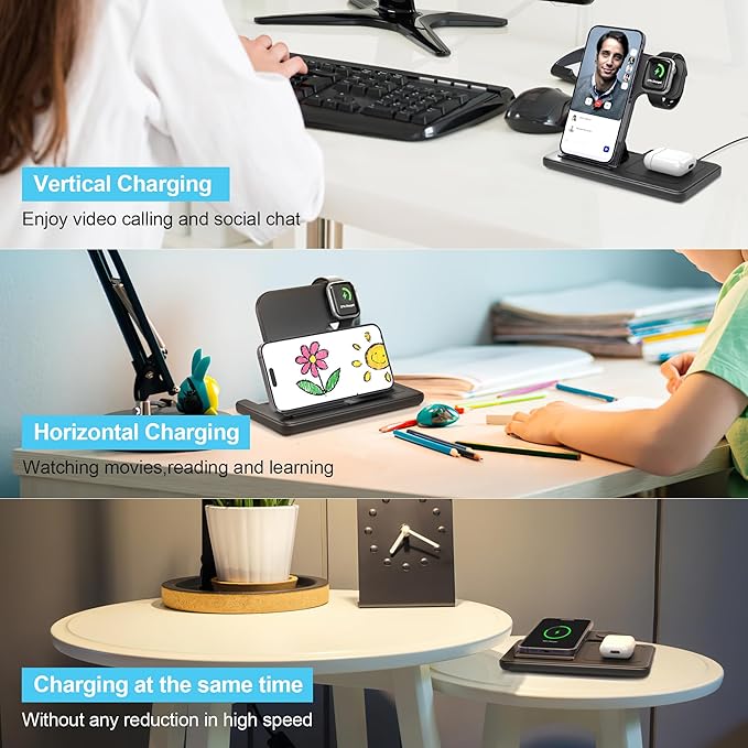 Wireless Charger 3-in-1 Charging Station – 15W Qi Fast Foldable Magnetic Stand Dock with Adapter