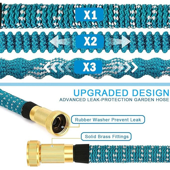 50FT Flexible Expandable Garden Hose – 3x Expanding Water Pipe with 10-Function Spray Gun & Solid Brass 3/4" & 1/2" Fittings