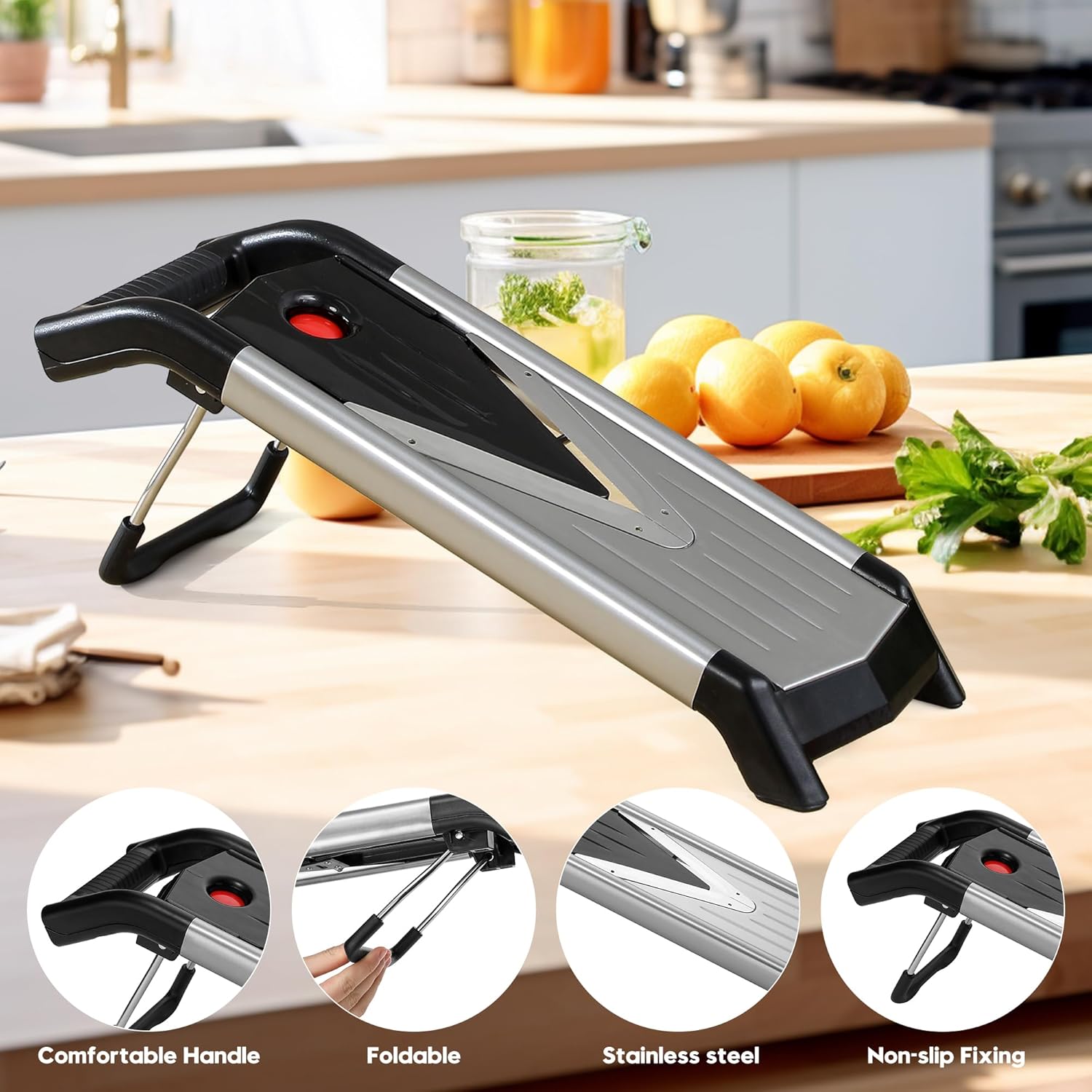 5-in-1 Adjustable Mandoline Slicer – Stainless Steel Vegetable Cutter with Safety Gloves & Non-Slip Base