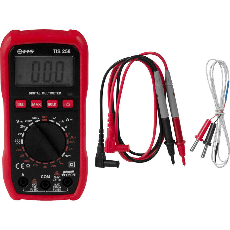 TIS 258 Pocket Digital Multimeter – 2000 Count, CAT II 600 V, with Temperature Probe