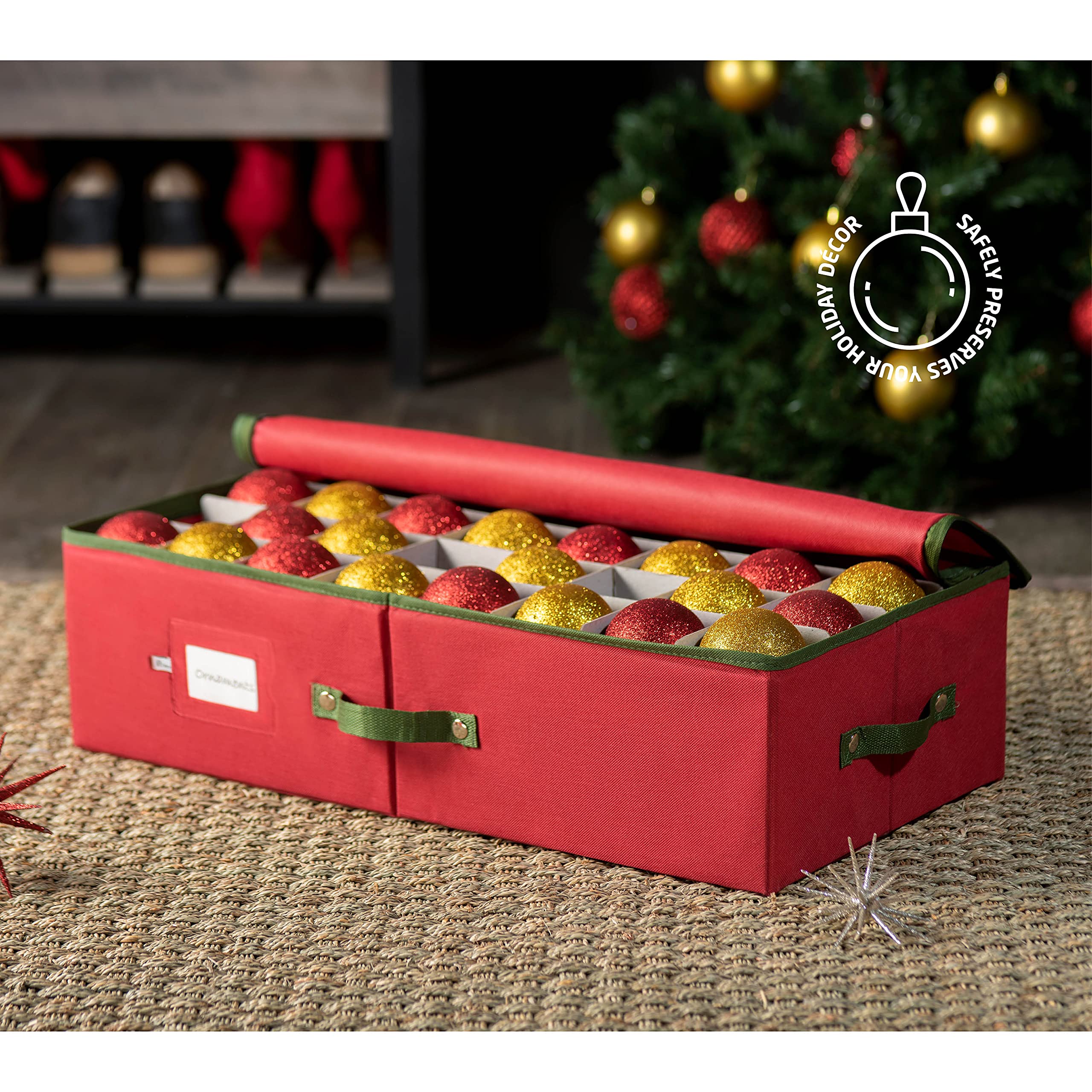 ZOBER Christmas Bauble Storage Box With Dividers - 64-Compartment - Underbed Xmas Ornament Storage Container with Zip Closure