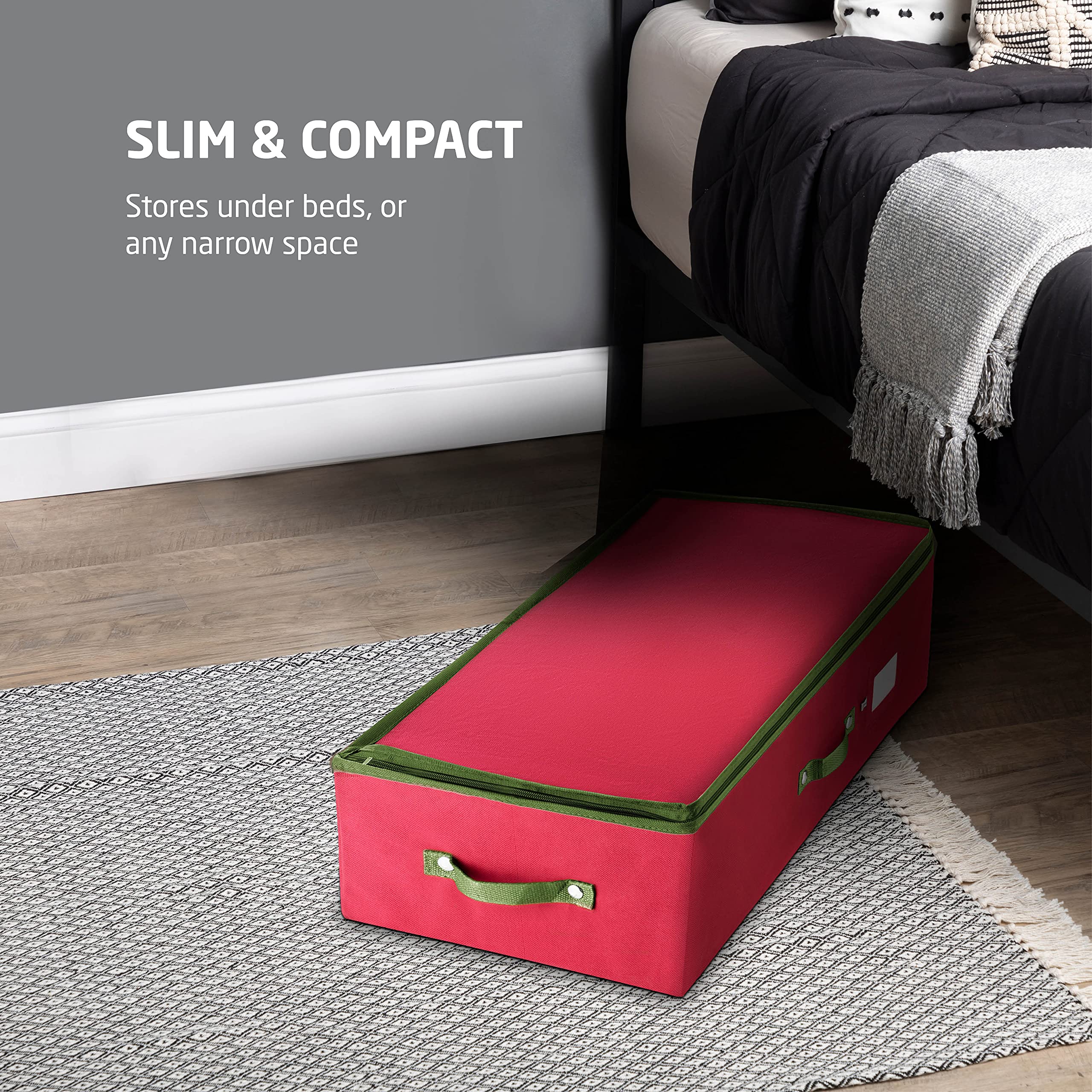 ZOBER Christmas Bauble Storage Box With Dividers - 64-Compartment - Underbed Xmas Ornament Storage Container with Zip Closure