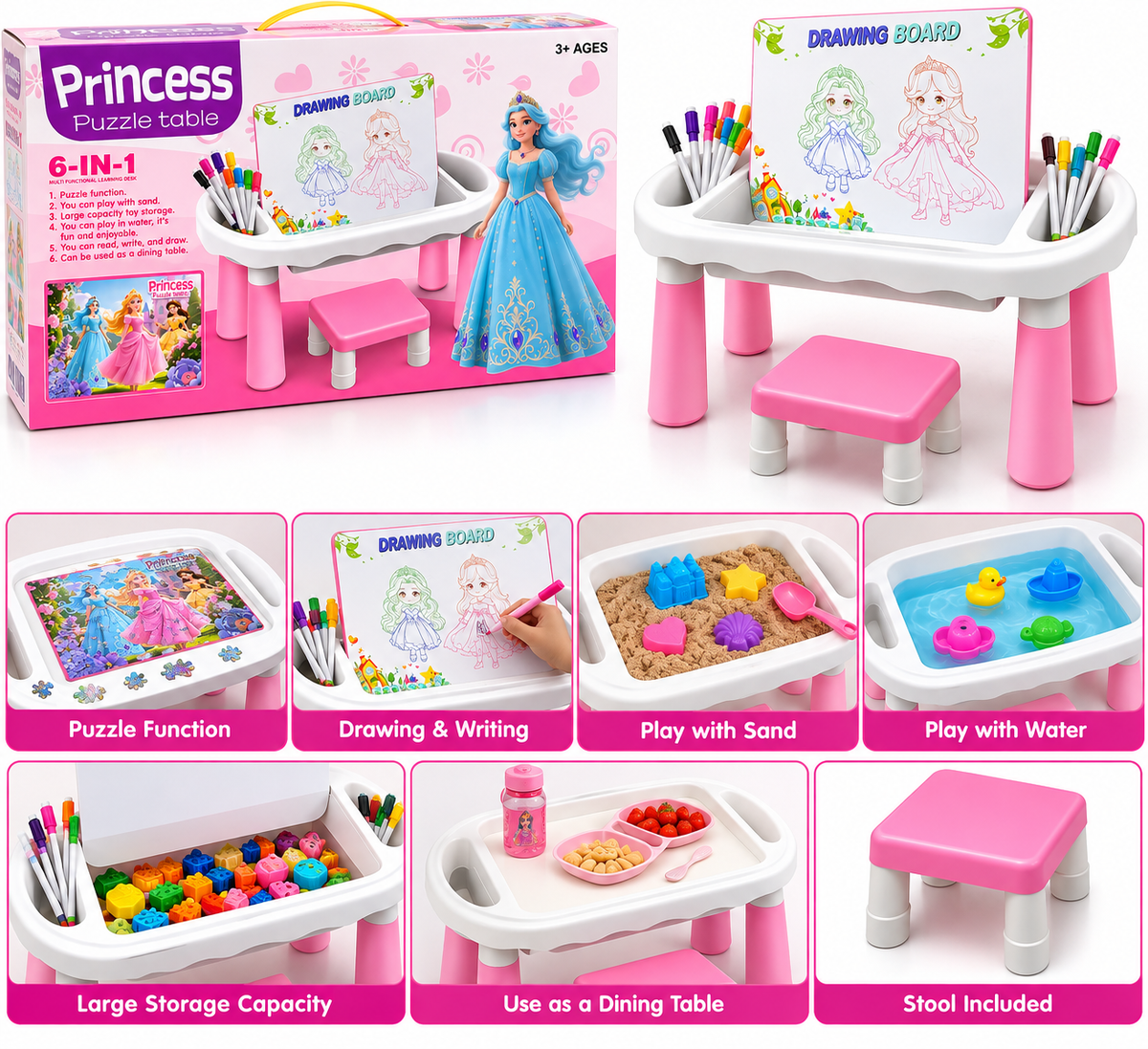 Princess 6-in-1 Children’s Activity Table & Stool Set – Drawing, Sand, Water & Puzzle Play