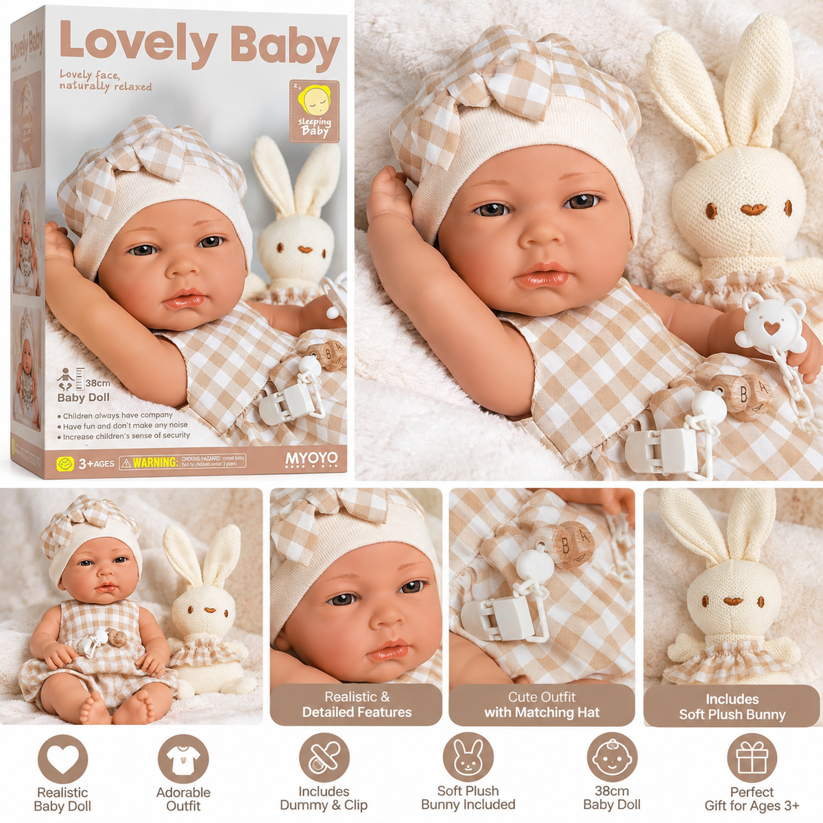 Lovely Baby 38cm Realistic Baby Doll – Beige Gingham Outfit with Bunny & Accessories