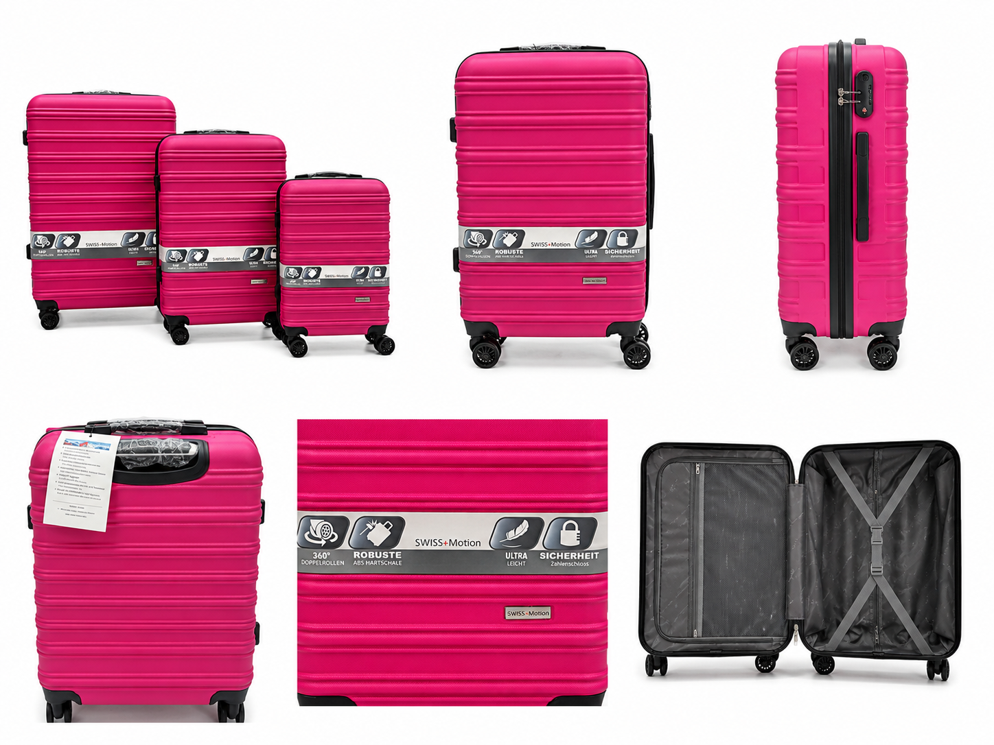 Swiss+Motion 3 Piece Hard Shell Suitcase Set – Pink | Lightweight Spinner Luggage with Combination Lock