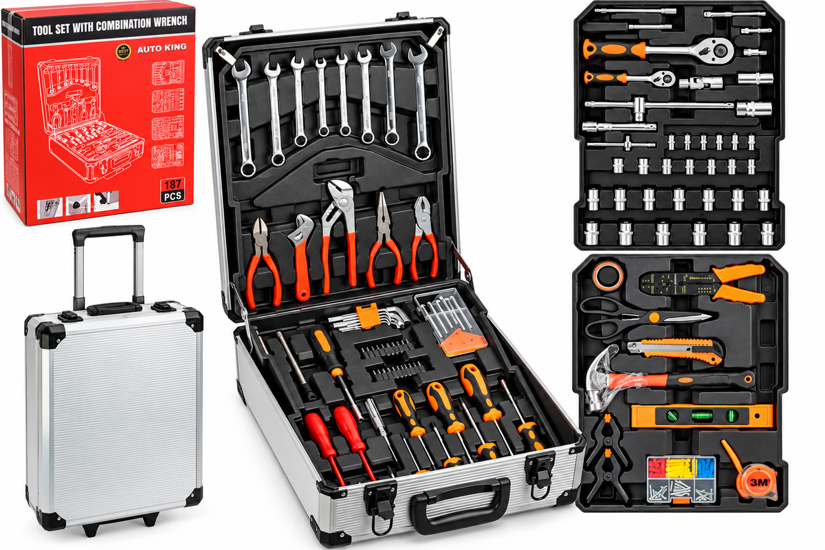 Auto King 187 PCS Professional Tool Set, Chrome Vanadium Steel Tools, Combination Wrenches, Trolley Case for Home, Garage, Workshop
