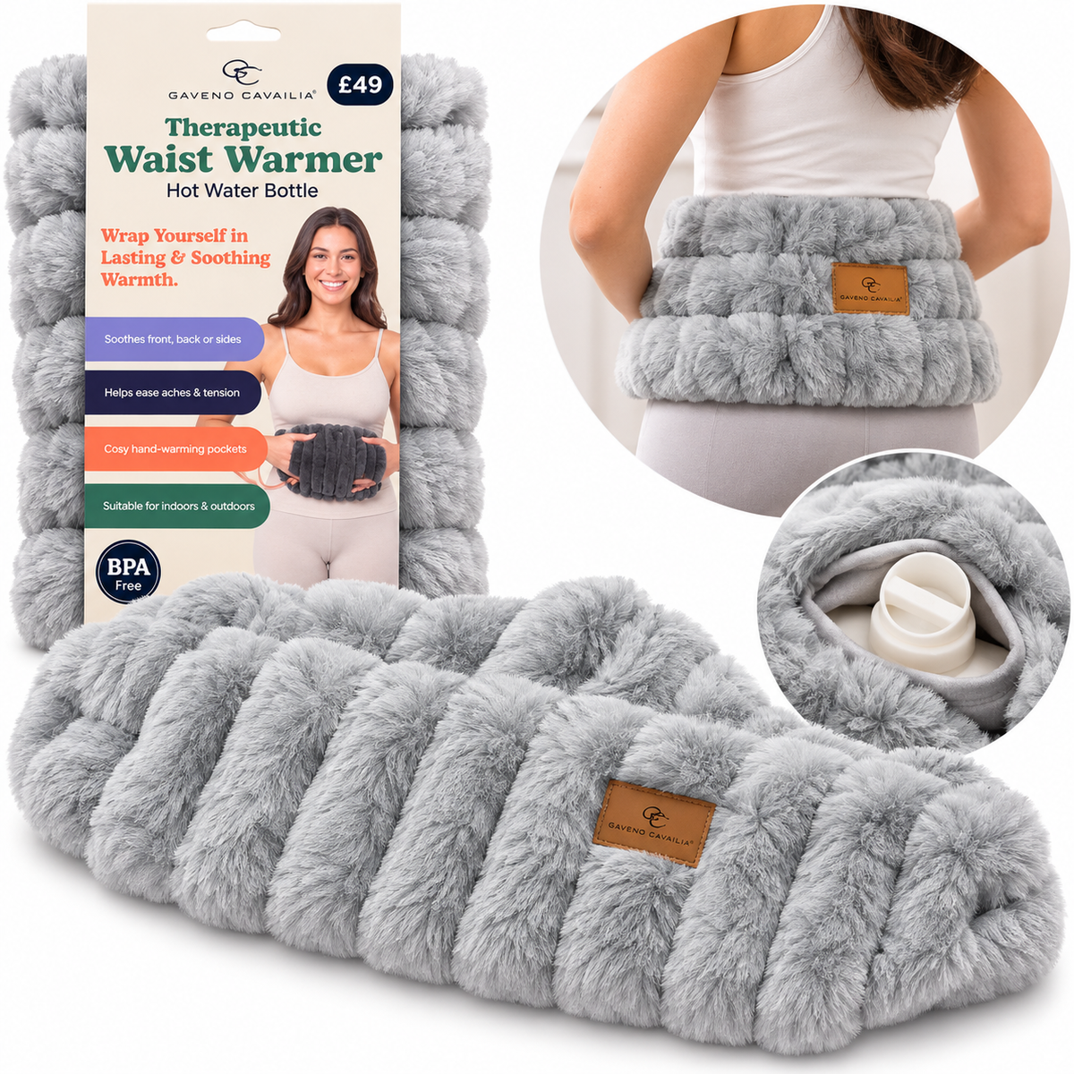 Gaveno Cavailia Therapeutic Waist Warmer – Luxury Grey Faux Fur Hot Water Bottle with Hand-Warming Pockets