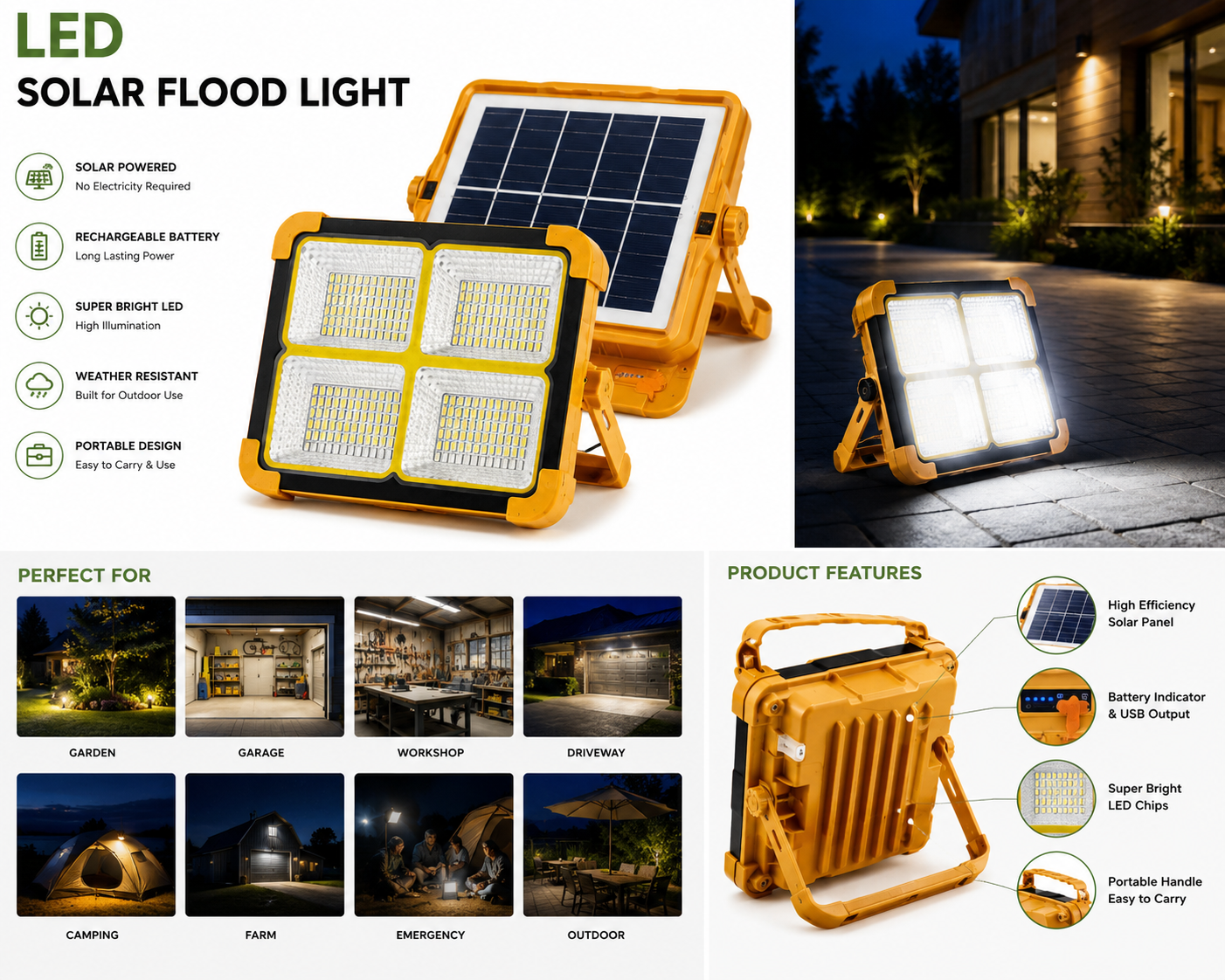 LED Solar Flood Light – Rechargeable Outdoor Security & Work Light