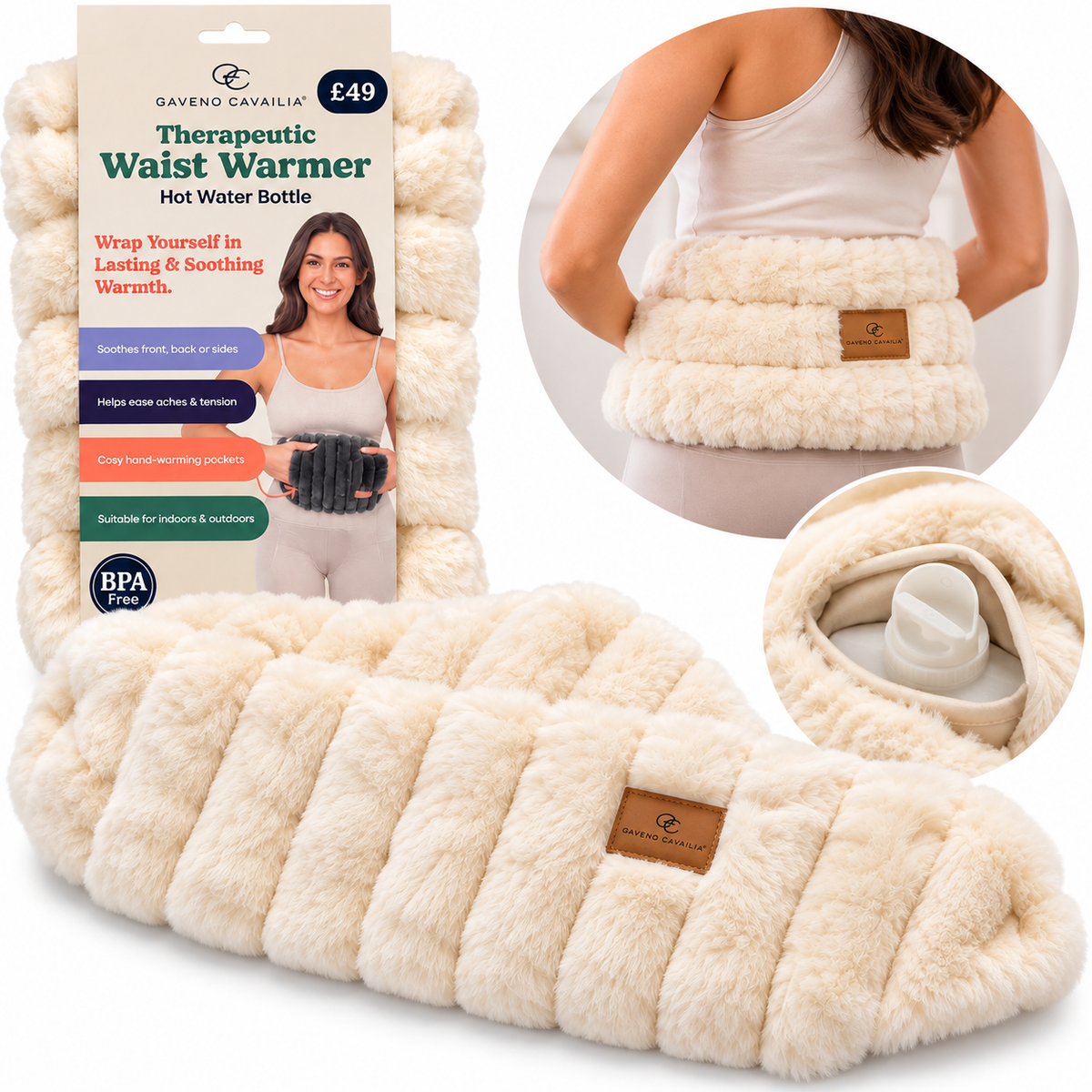 Gaveno Cavailia Therapeutic Waist Warmer – Luxury Cream Faux Fur Hot Water Bottle with Hand-Warming Pockets