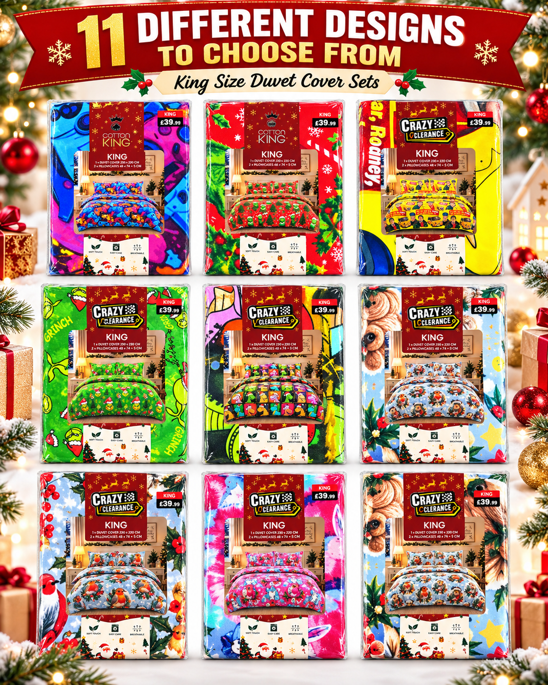 Christmas Duvets,Single,Double & King Size Duvet Cover Set – 3 Piece| 11 Different Designs