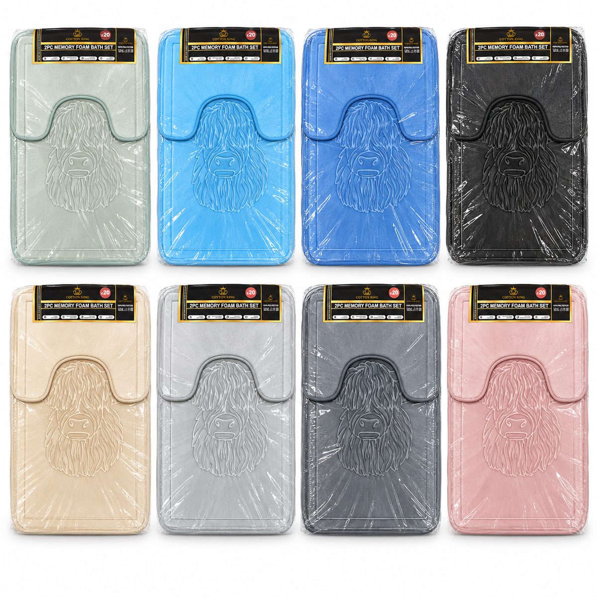 2 Piece Highland Cow Memory Foam Bath Mat Set – Various Colours to choose from