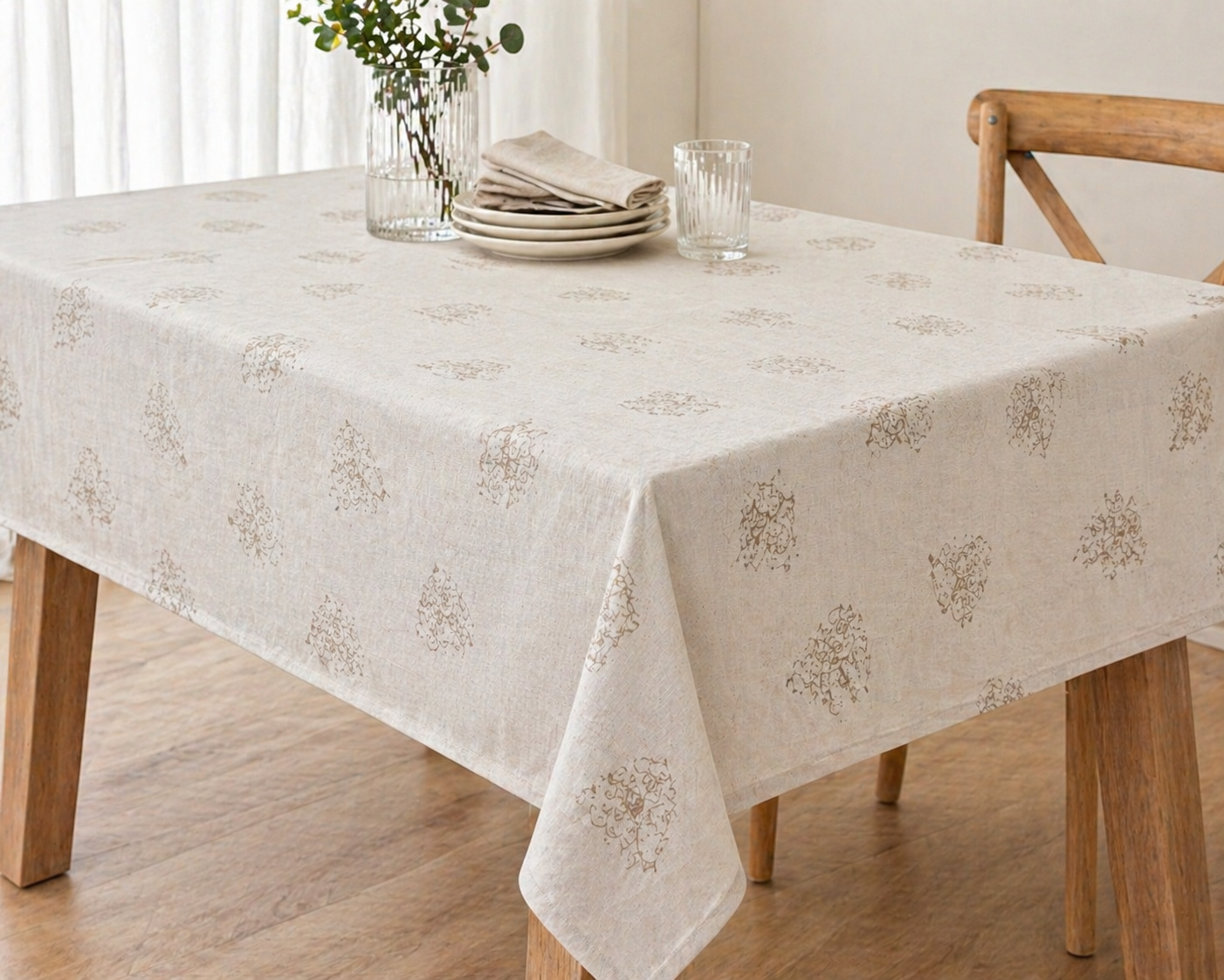 High Street Cotton Tablecloth – Floral Block Print Dining Table Cover (6 Seater)