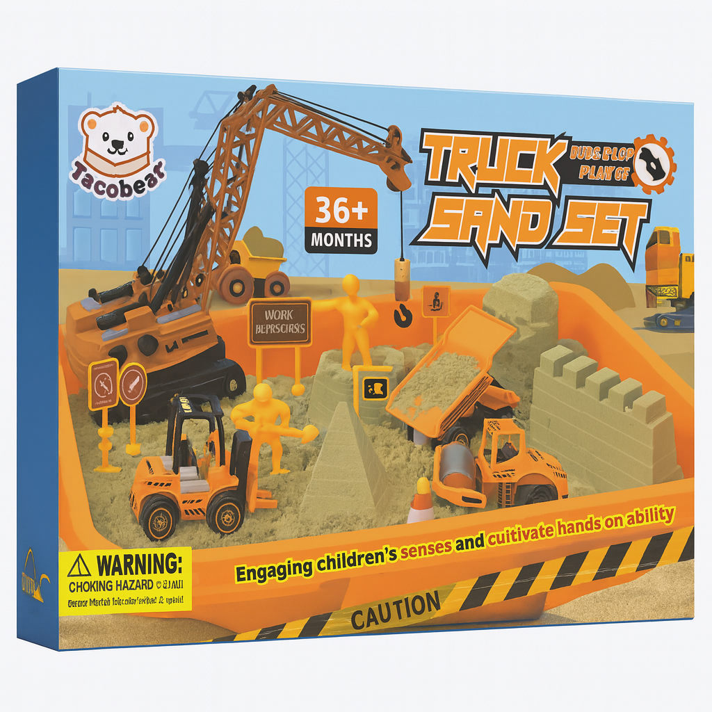 Tacobear Truck Sand Play Set – Construction Vehicles & Tools with Sand Moulds, Crane, and Accessories | Kids Sandbox Toy for Ages 3+