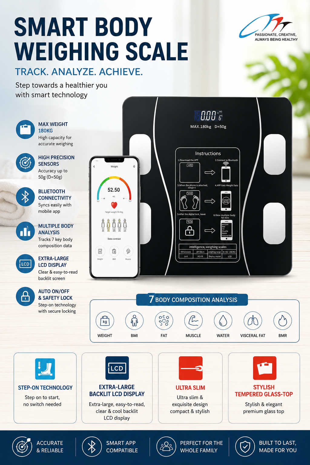 SMART BODY WEIGHING SCALE - BLUETOOTH CONNECTIVITY - MAXIMUM CAPACITY:180KG - BLACK IN COLOR