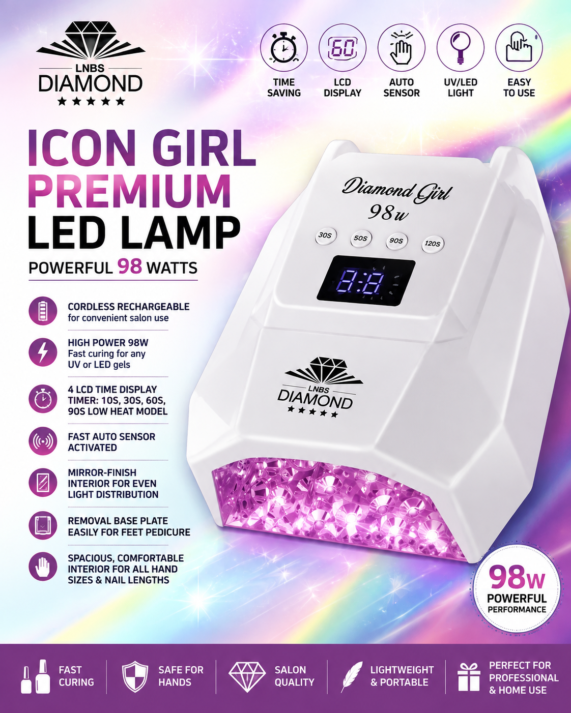 ICON GIRL PREMIUM LED LAMP FOR MANICURE AT HOME - 98W POWERFUL & CORDLESS RECHARGEABLE