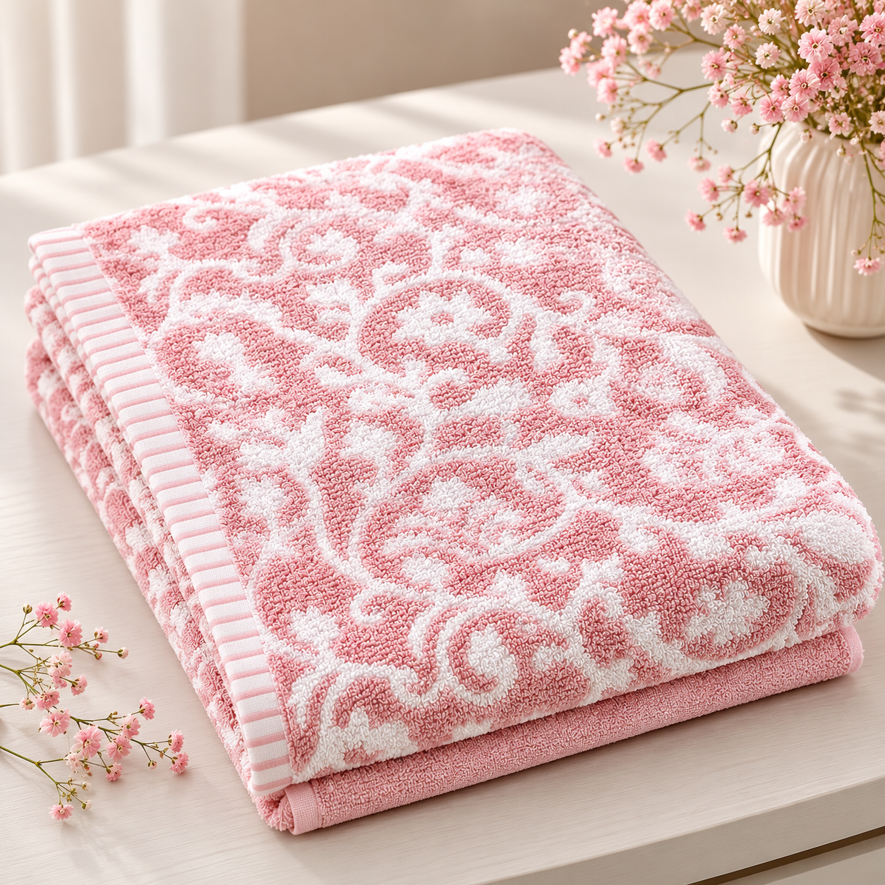 HIGH ST BRAND - BATH SHEET - FLORAL PINK ARTICLE - PURE COTTON & 550GSM (100cm*150cm)