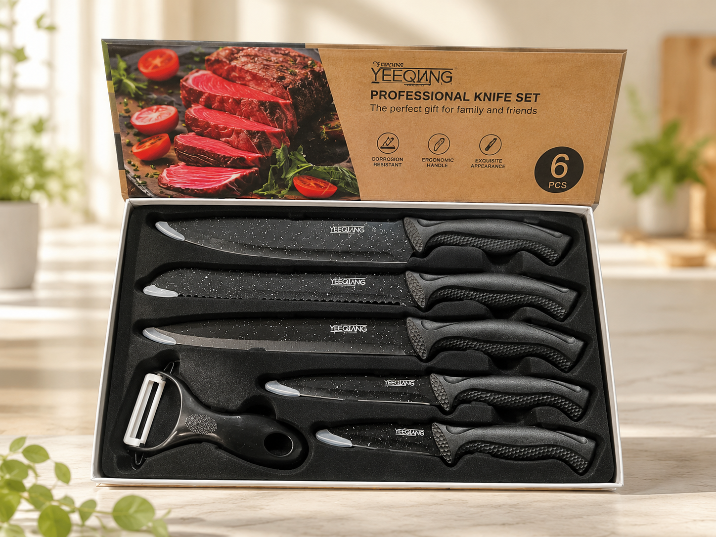 6 PIECES KNIFE SET - KITCHEN KNIVES WITH COMFORTABLE HANDLE & SHARP BLADES - FOR 18+ by YEEQIANG
