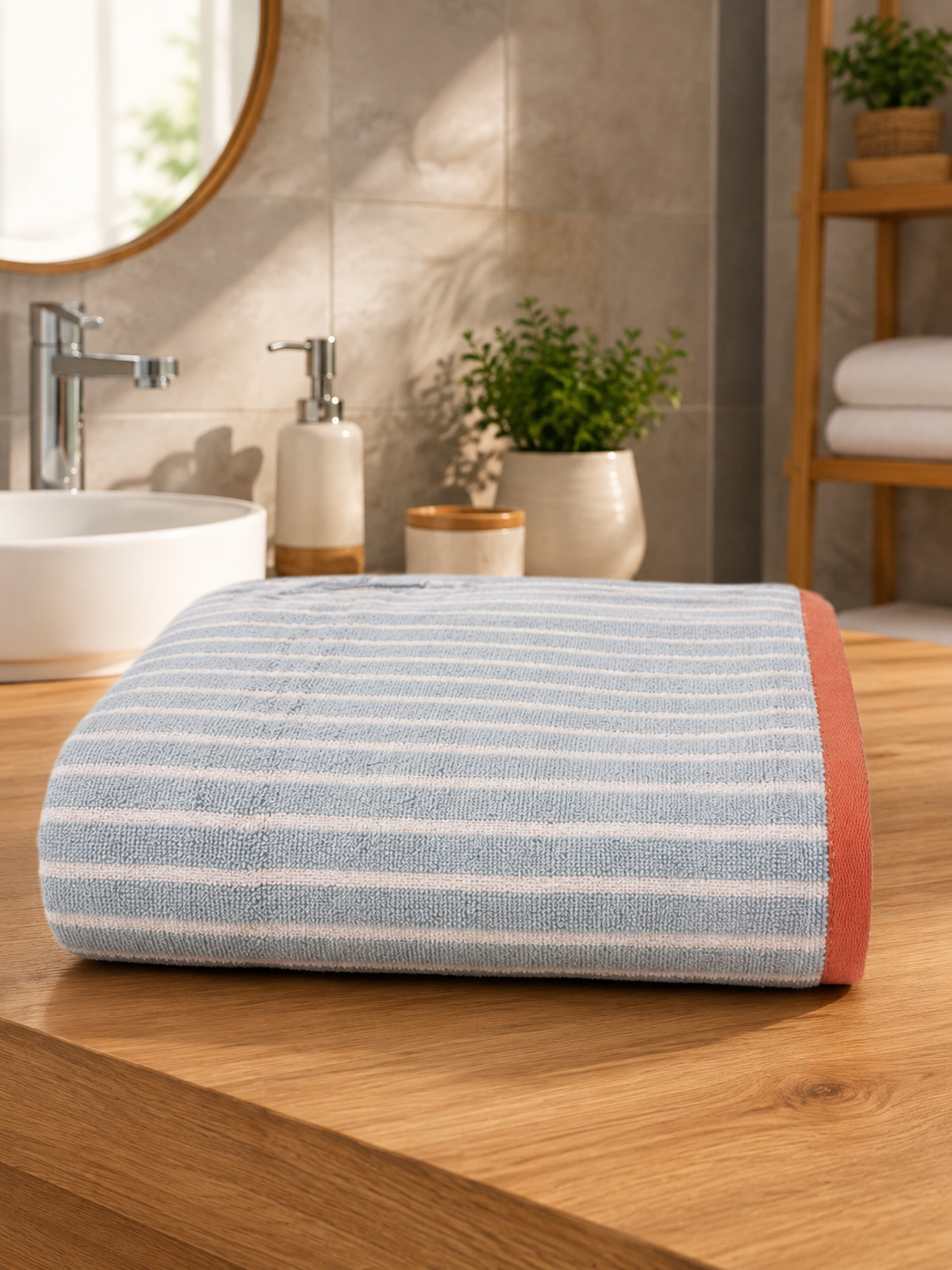 HIGH ST BRAND - PURE COTTON STRIPED BATH TOWEL - COMBINATION OF RUST,SKY BLUE & WHITE COLOR - 550GSM - 70cm*137cm
