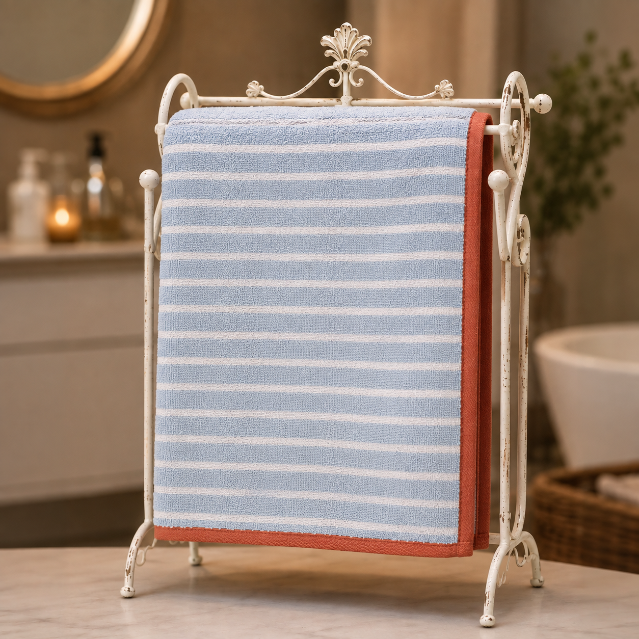 HIGH ST BRAND - PURE COTTON STRIPED BATH TOWEL - COMBINATION OF RUST,SKY BLUE & WHITE COLOR - 550GSM - 70cm*137cm